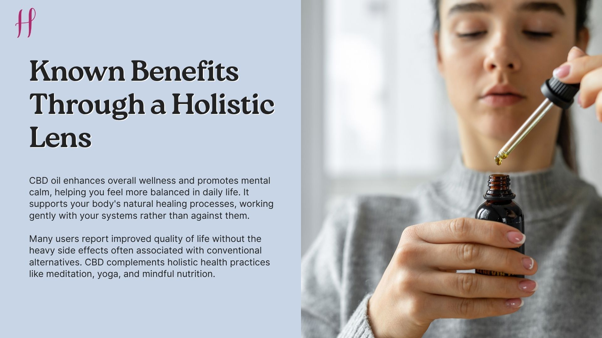 A woman holds a bottle and dropper near her face.